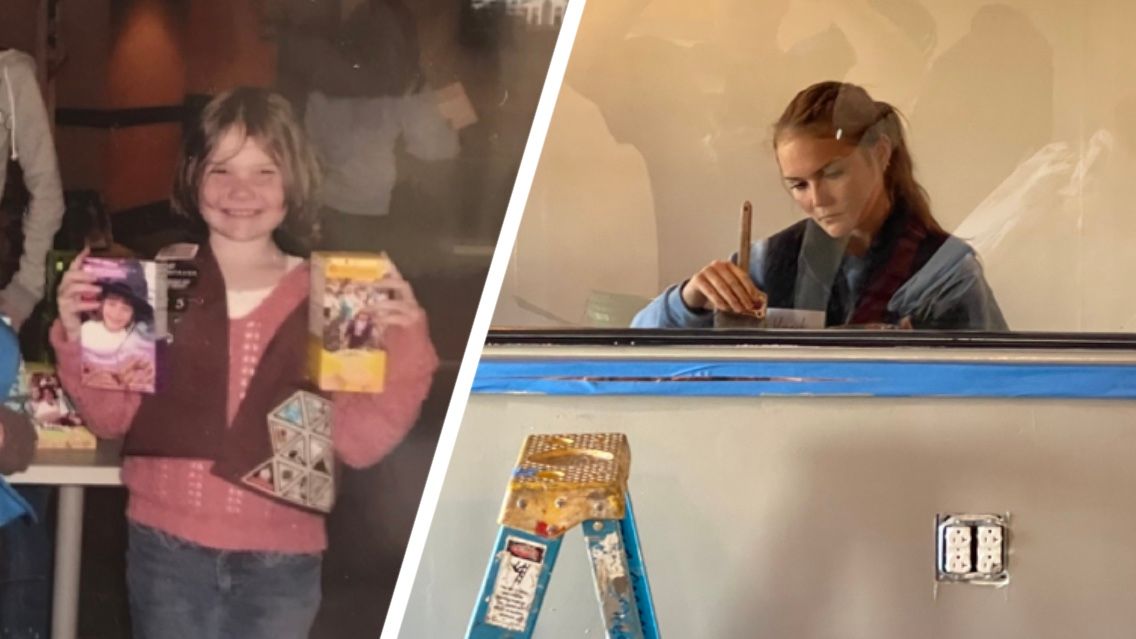 Split view of a young Hannah Hospodar holding up girl scout cookies and a current image of Hospodar painting