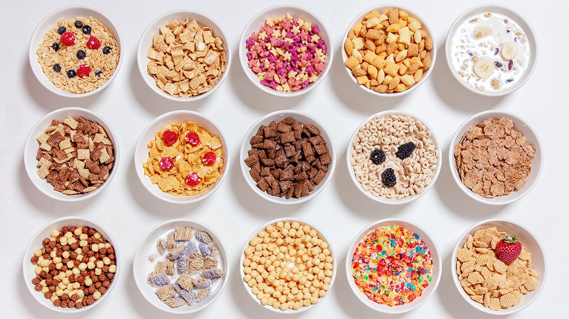 Bowls of many different types of cereal