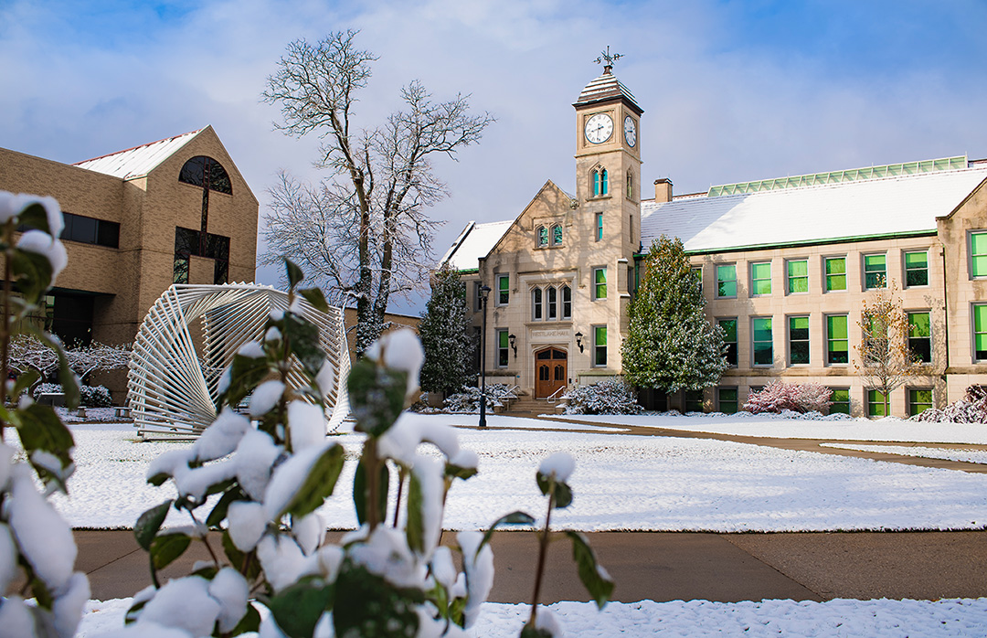 Westlake Hall and Cullom-Davis Library with snow on the ground