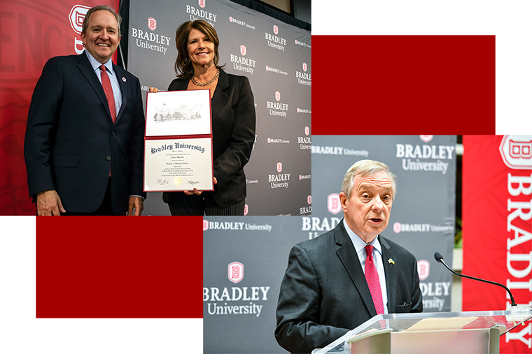 Representative Cheri Bustos with Bradley President Standifird and Senator Dick Durbin