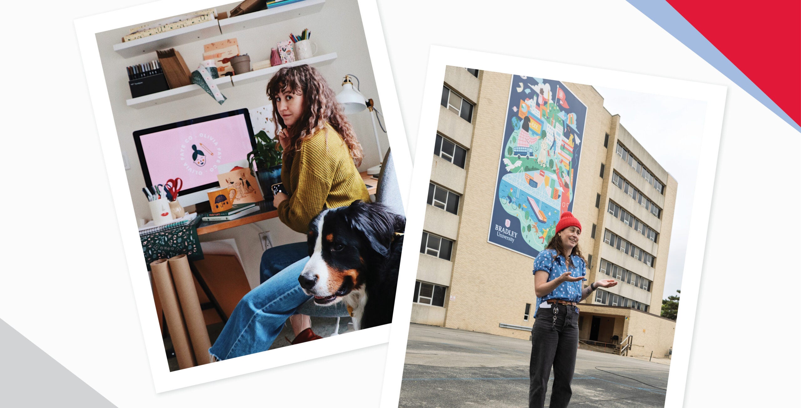 A collage of an image of Olivia Malone with her dog in her office (L) and standing in front of her mural on Harper Hall (R)