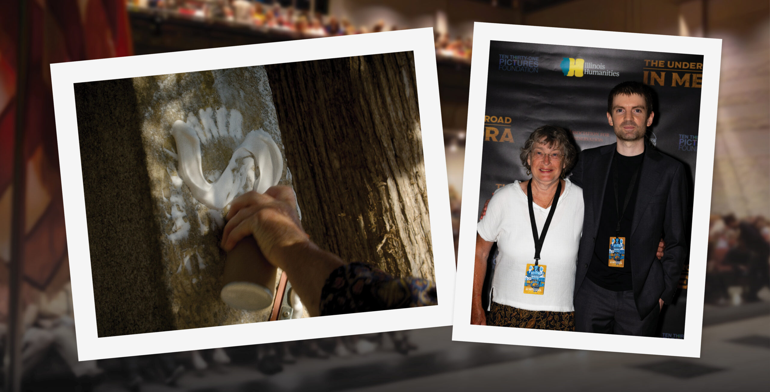 Two images overlaid on the crowd of the premiere of the Underground Railroad in Metamora documentary. The left image shows a hand spraying shaving cream on a gravestone. The right image features Levi Obery ’09 and Laure Adams ’85, ’90 GRD posing at the premiere.