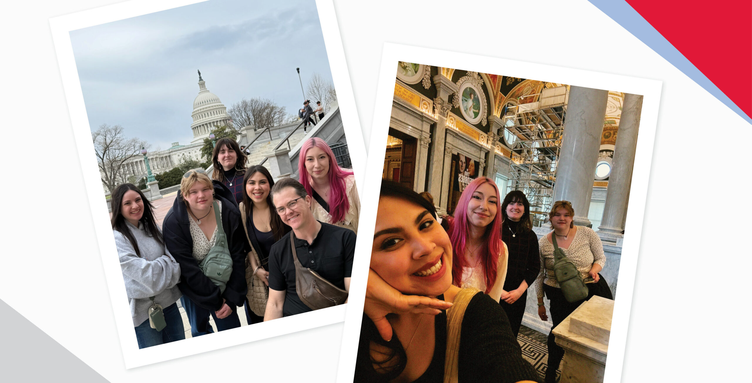 A two-photo collage of Bradley students posing in Washington D.C.