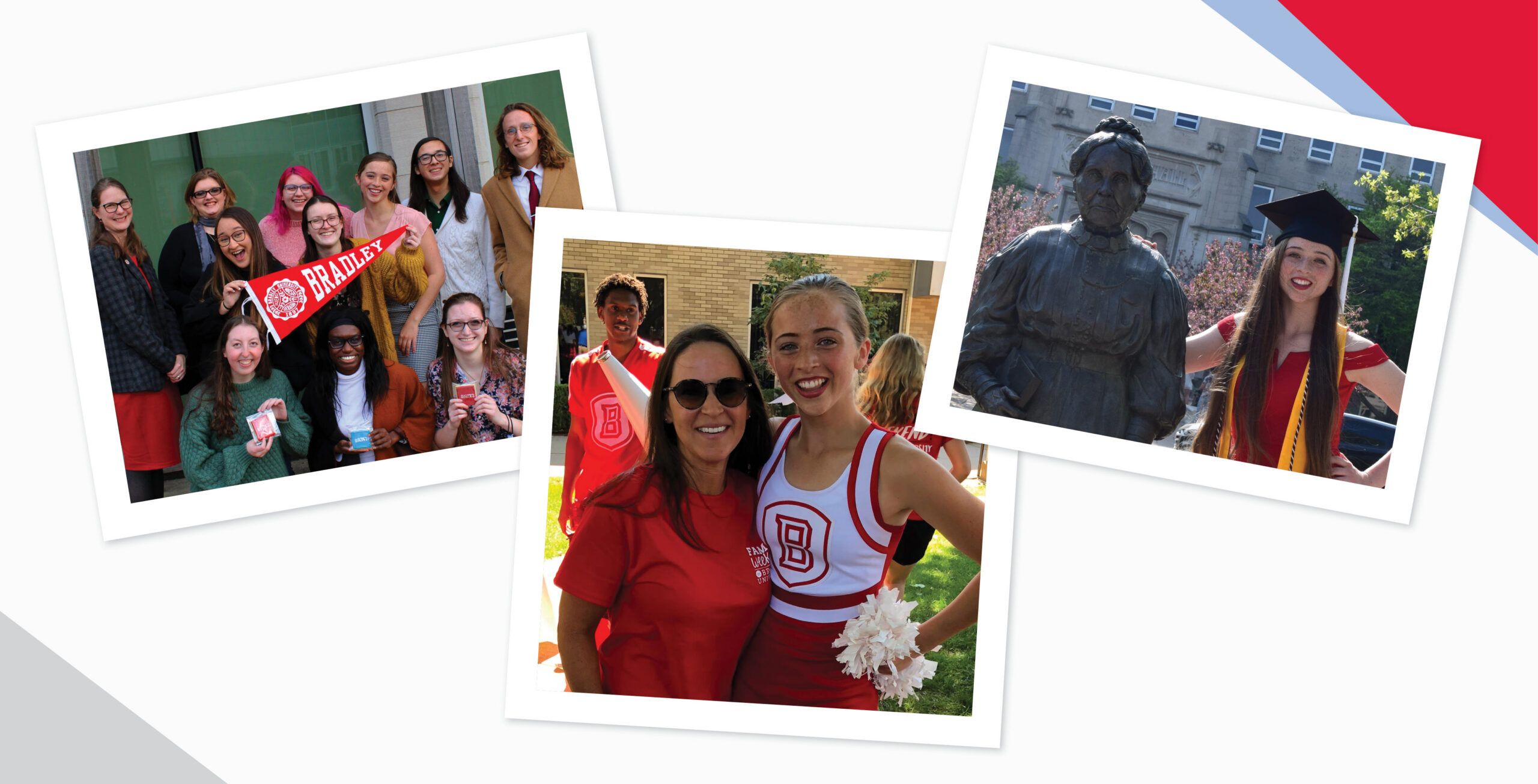 A collage of three photos of Jade Sewell. Sewell poses with fellow students (left), in her cheerleading uniform (middle), and with the statue of Lydia Moss Bradley (right).