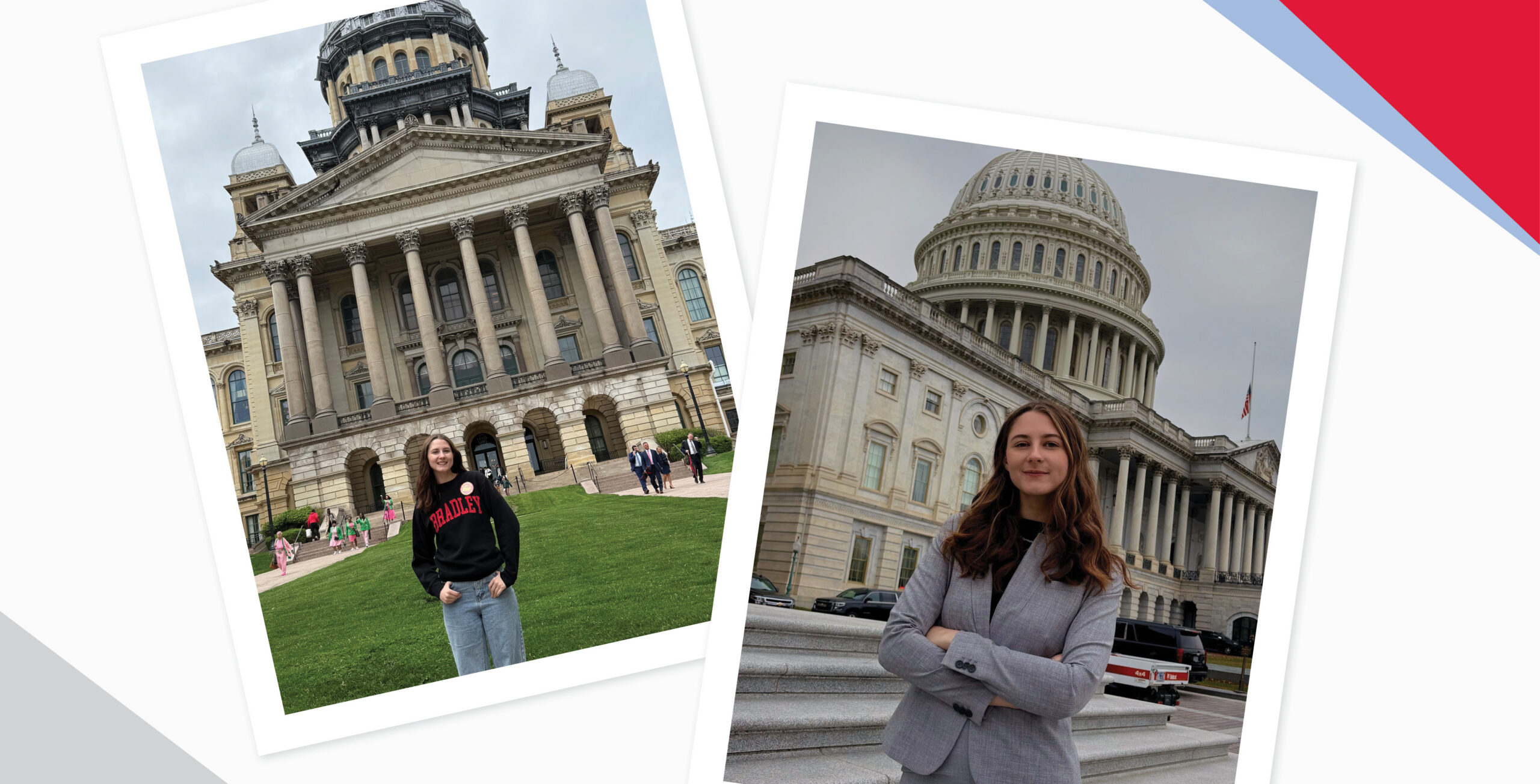 Collage of two photos, each of student Sarrah Denton standing in front of capitol buildings.