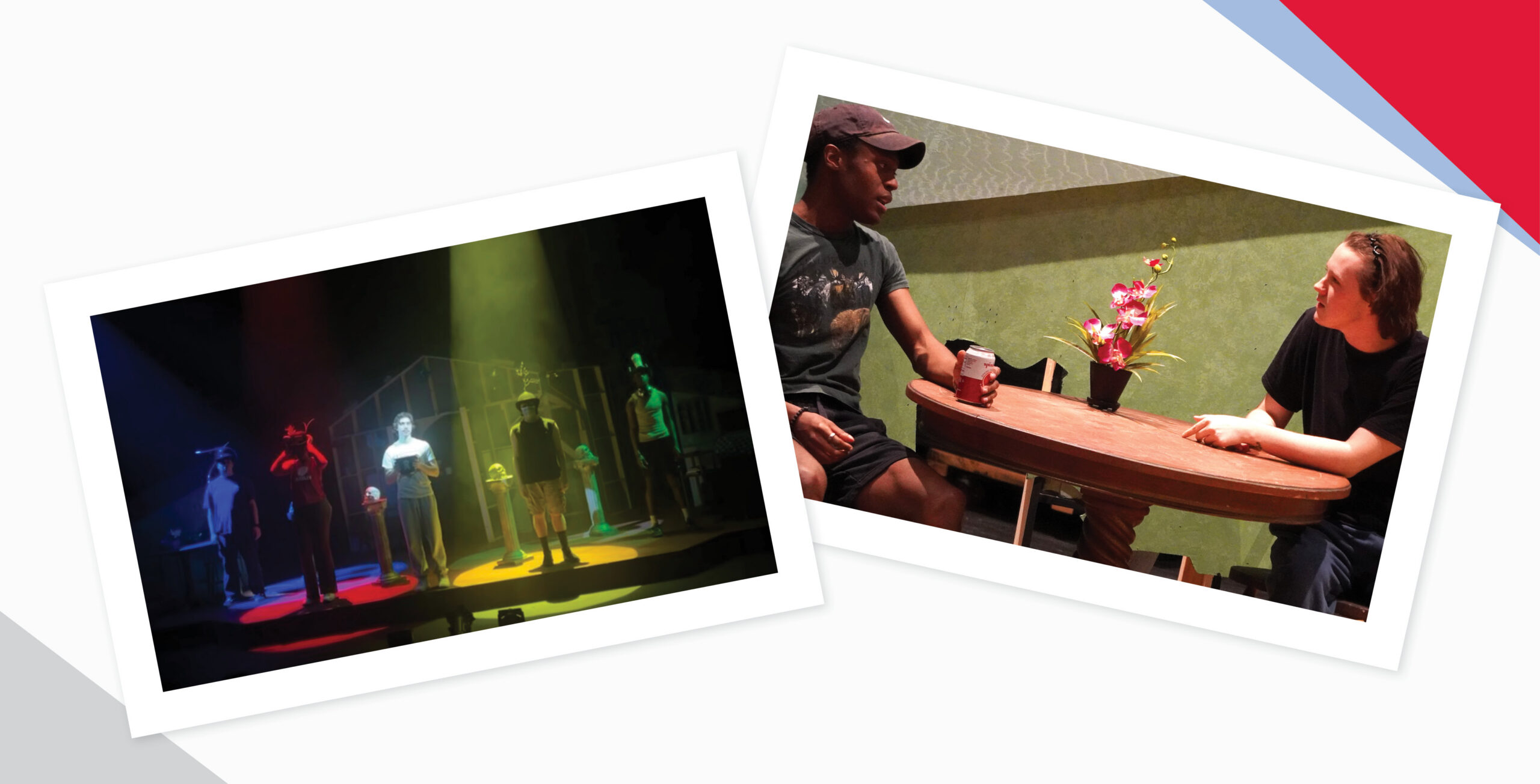 Two images of rehearsals for "Everybody." On the left, several characters are cast in differently colored spotlights. On the right, two characters converse at a table.