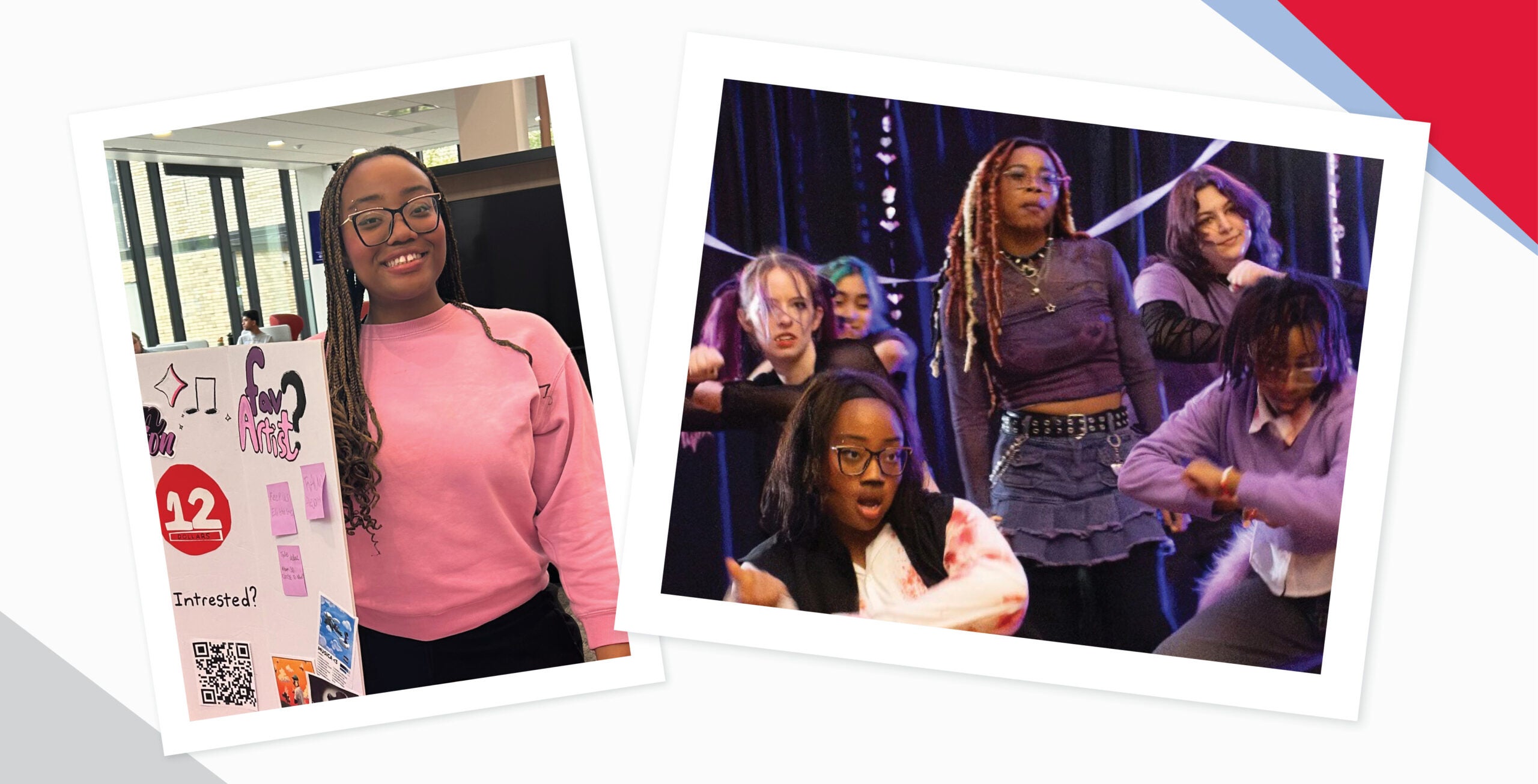 Photo collage of junior Laura Nduka. In the left image, she stands by a posterboard. In the right, she dances with the K-pop club, K18.