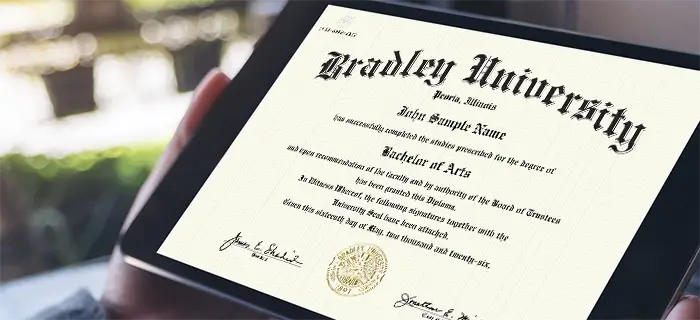 A sample Bradley diploma certificate printed on traditional paper