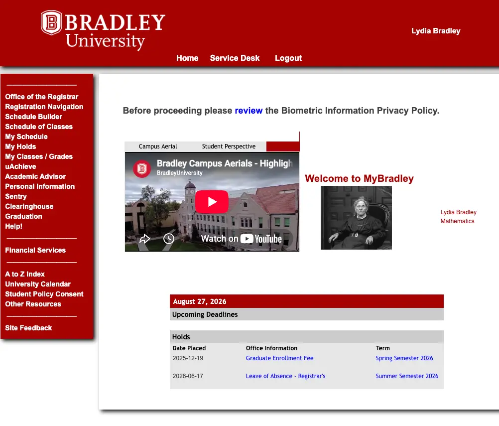 A screenshot of the MyBradley homepage