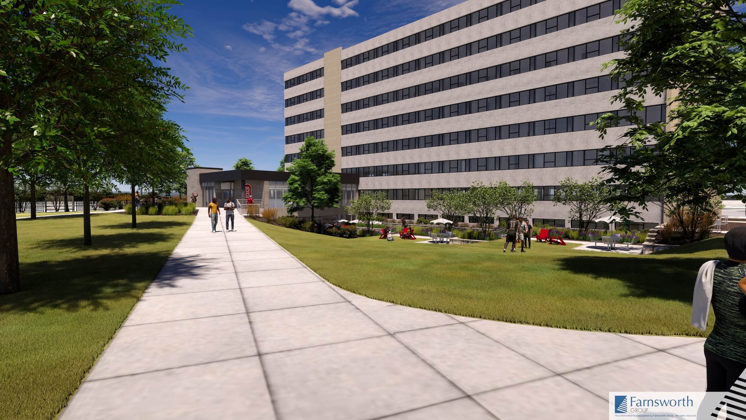 Architectual rendering of the future Harper hall showing the front with students walking past on a sidewalk