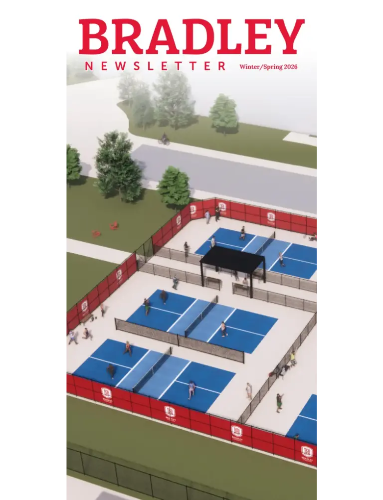 Bradley newsletter publication cover with pickleball court renderings shown