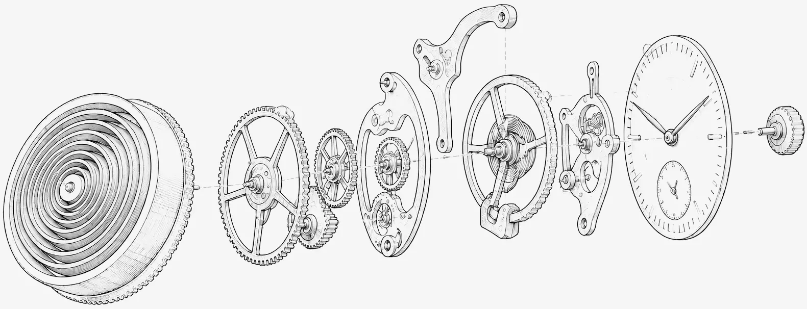 Blueprint of watch mechanisms and parts fitting together