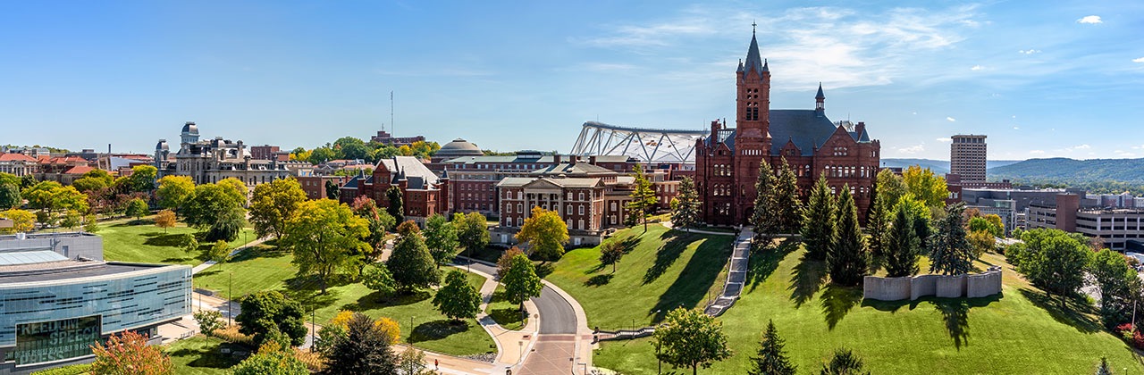 A wide shot of the sprawling Syracuse University campus